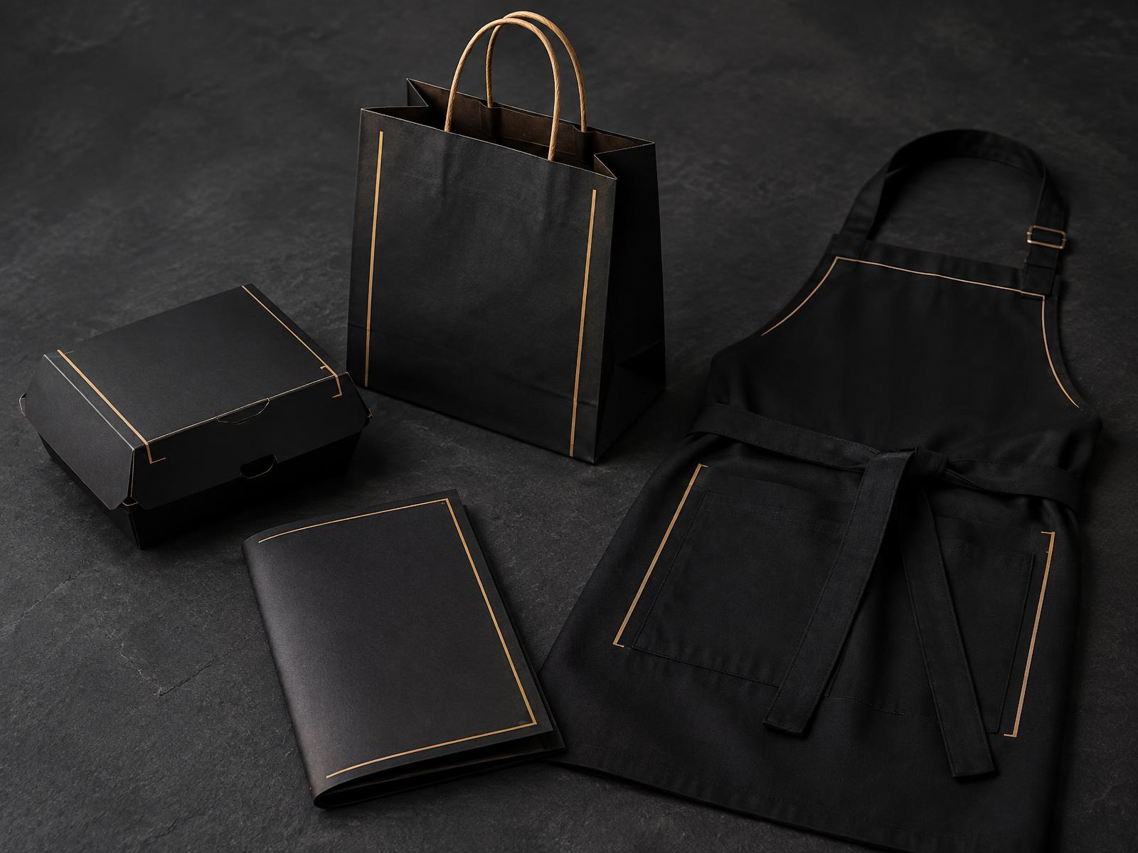 Mockups conceituais de embalagem, sacola, uniforme e cardápio